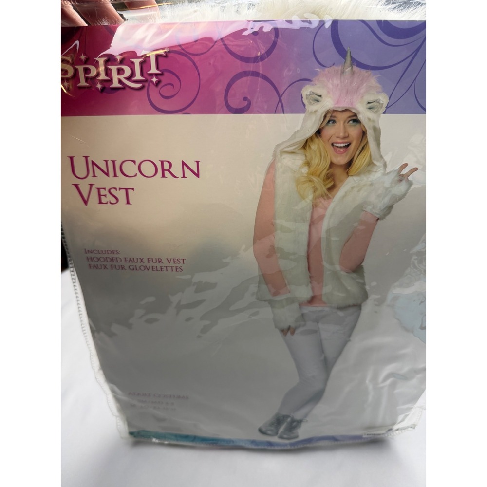 Spirit Halloween Adult Unicorn Vest Faux Fur Hooded Costume Set LG/XL 12-16